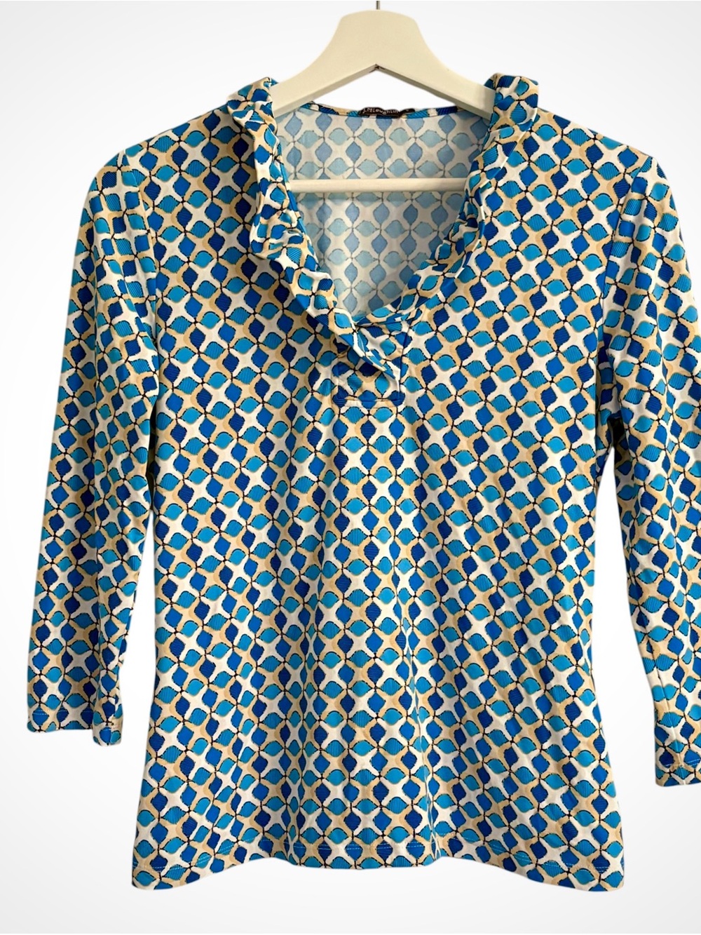 J. McLaughlin Blue Tan Geometric Ruffle Neck Top Coastal Prep Mod Stretch Sz S